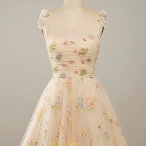 Floral embroidered short prom dress